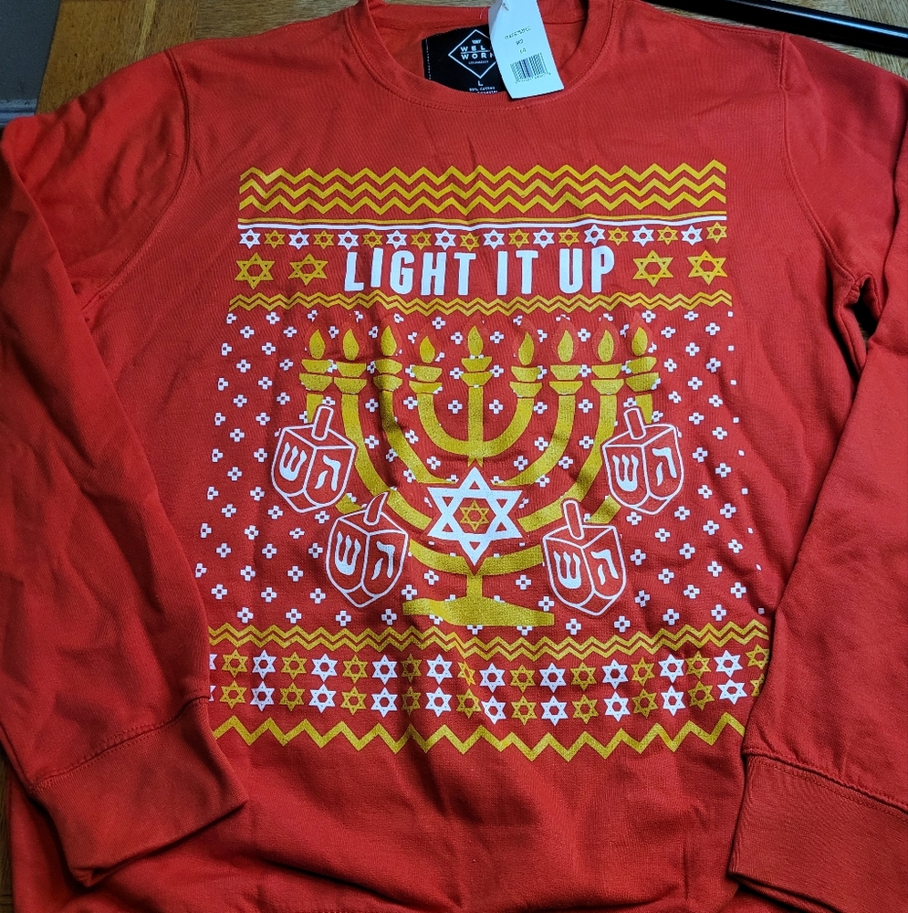 Well worn ugly Sweater Hanukkah Red Holidays Shabbat Large